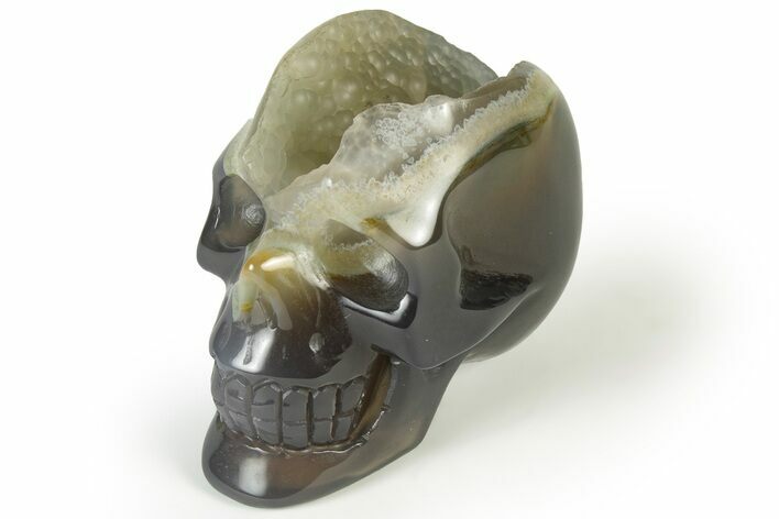 Polished Banded Agate Skull with Quartz Crystal Pocket #237070